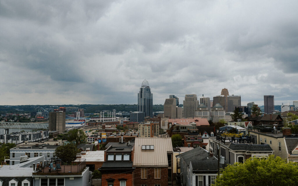 landscape shot of downtown Cincinnati on a cloudy, rainy wedding day.